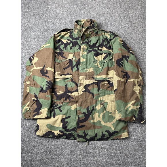 Mens Military Jacket US Army Woodland Camo Field Cold Weather Size M Long